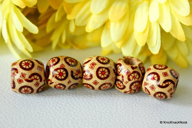10 x Wood Drum Beads/ Spacers Painted Brown Wheel Design 17mm x 16mm